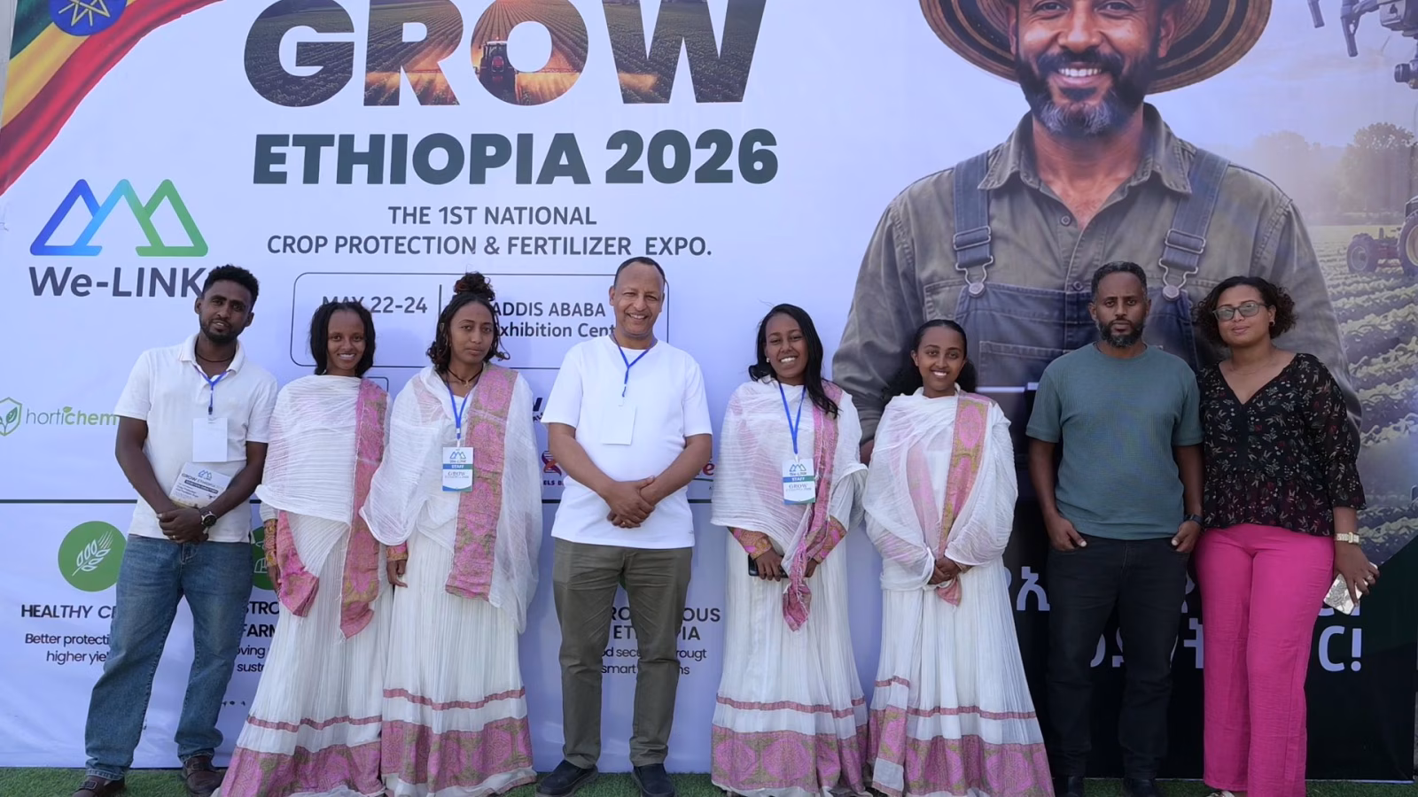 A group of participants photographed together in front of the Grow Ethiopia 2026 backdrop.